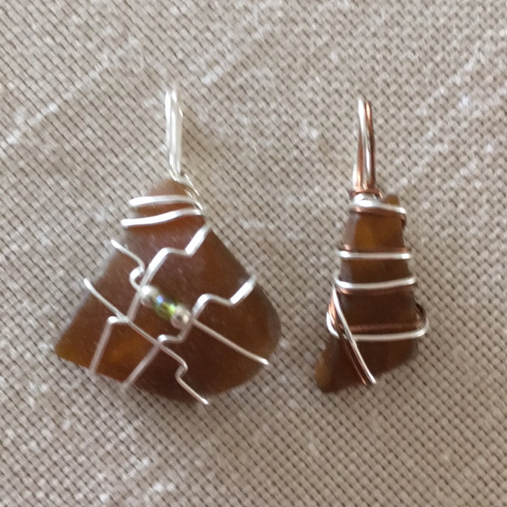 Hand Crafted 2 Pendants Brown Silver Copper Toned